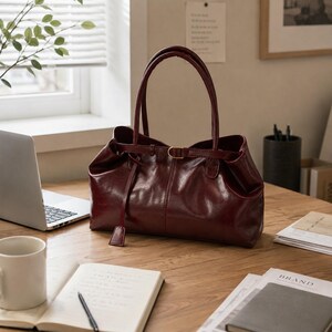 May include: A deep burgundy tote bag with a smooth, glossy finish, featuring two tall shoulder straps and a thin horizontal belt detail across the top center secured with a small gold-toned metal buckle and a dangling rectangular tab.