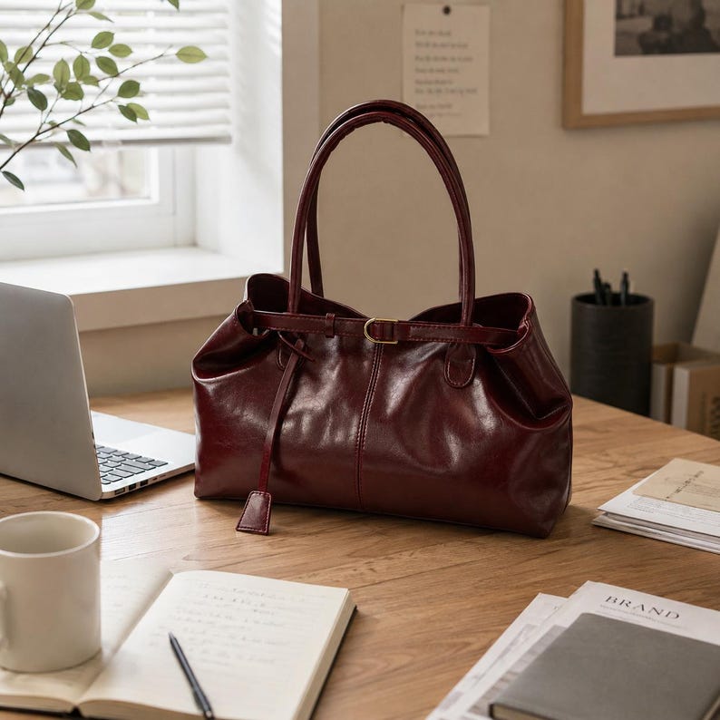May include: A deep burgundy tote bag with a smooth, glossy finish, featuring two tall shoulder straps and a thin horizontal belt detail across the top center secured with a small gold-toned metal buckle and a dangling rectangular tab.
