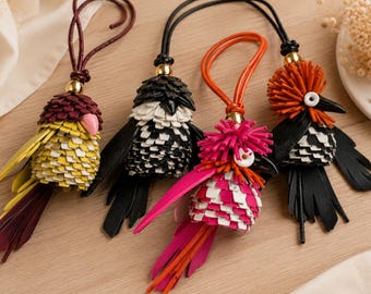 Handmade Leather Bird Bag Charm, Colorful Artisan Handbag Accessory, Boho Keychain