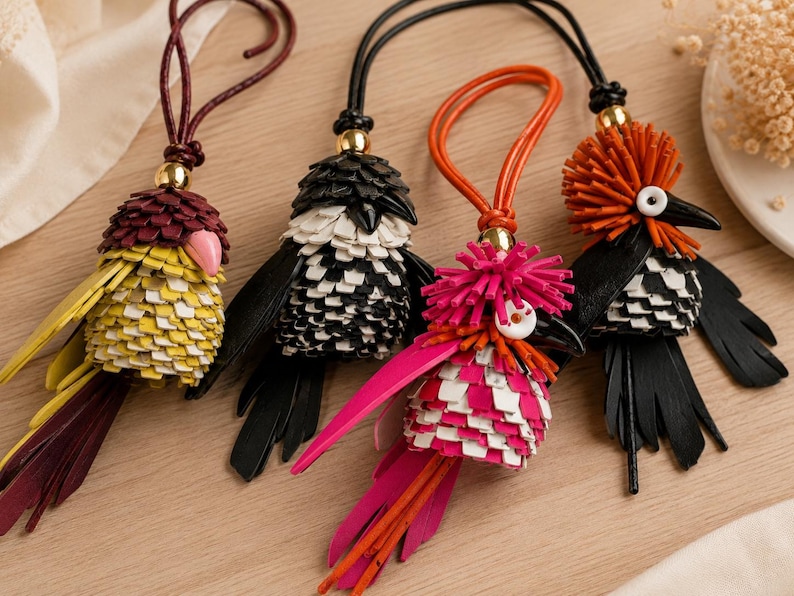 May include: Four bird-shaped bag charms crafted from layered leather strips. Each features a gold-tone bead, a hanging cord, and a unique color scheme including yellow, burgundy, black, white, orange, and pink with fringe-like tail feathers.