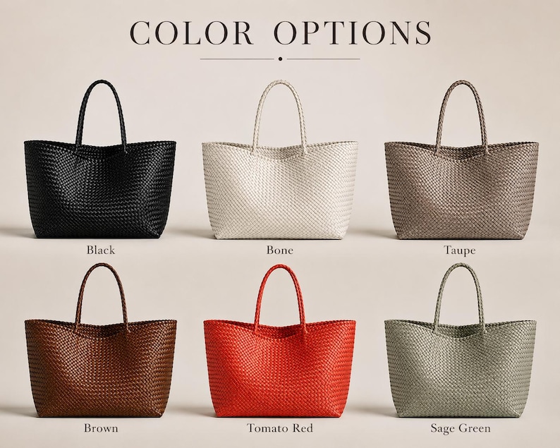 Op de afbeelding: Een collectie geweven draagtassen in verschillende kleuren, waaronder zwart, bone, taupe, bruin, tomatenrood en saliegroen. De tassen hebben bijpassende handvatten. De tekst "COLOR OPTIONS" staat bovenaan.