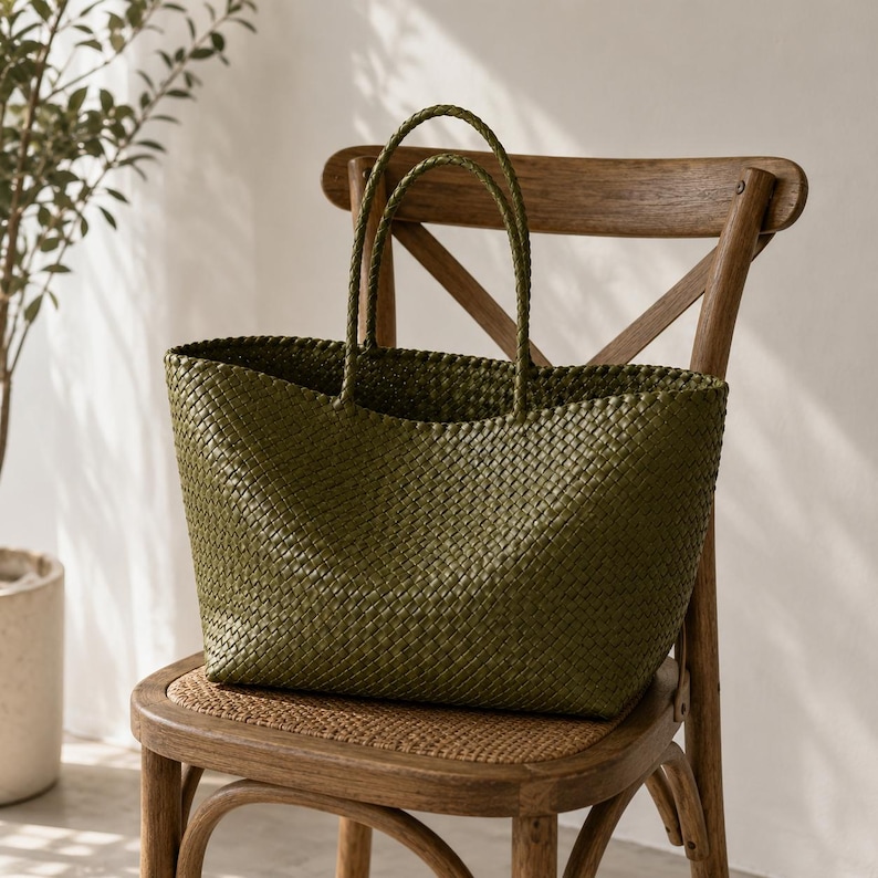 Op de afbeelding: Een olijfgroene geweven draagtas met twee gevlochten handvatten staat op een houten stoel. De tas heeft een rechthoekige vorm en een gestructureerd oppervlak. De stoel heeft een geweven zitting en een houten rugleuning met een X-vormig ontwerp.