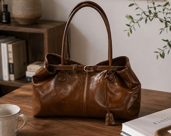Vintage PU Tote Bag, Minimalist Slouchy Shoulder Handbag, Everyday Work Purse