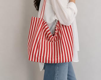 Striped Canvas Tote, Large Shoulder Bag, Casual Everyday Beach Tote