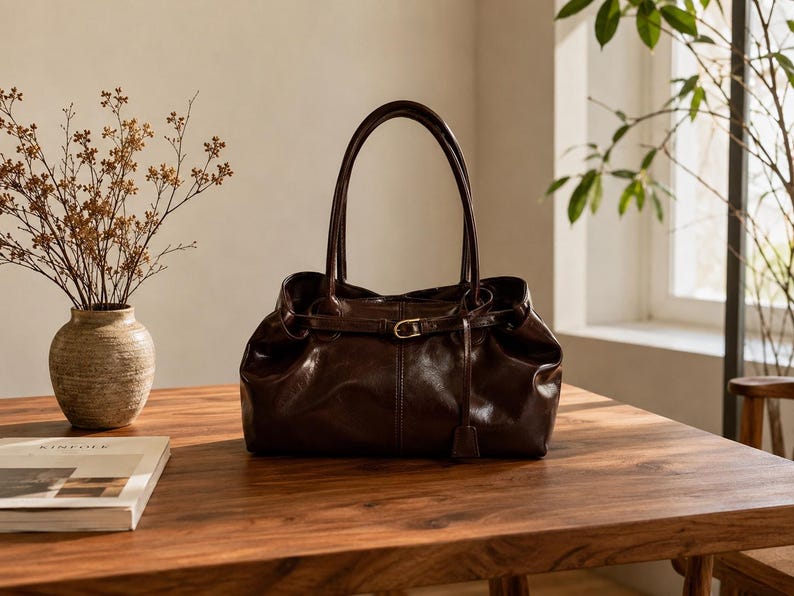 May include: A dark brown leather handbag with a smooth, glossy finish, featuring two tall shoulder straps and a thin horizontal belt detail across the front secured by a small gold-toned metal buckle and a dangling leather tab.