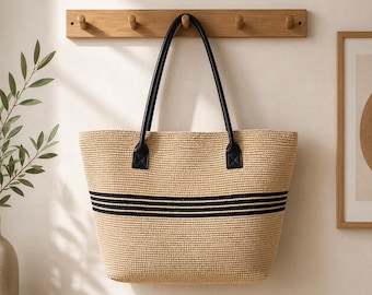 Boho Straw Tote Bag – Large Woven Beach Shoulder Bag, Summer Vacation Handbag