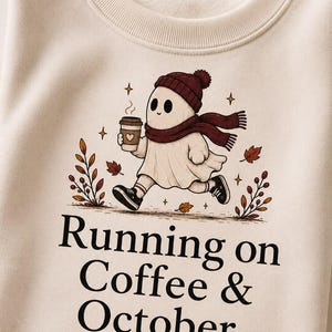 Running on Coffee & October Shirt, Cute Ghost Halloween Tee, Cozy Fall Shirt, Autumn Coffee Lover Shirt, Spooky Season Graphic Tee, Fall
