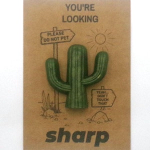 May include: A green cactus-shaped object on a brown card with the words "YOU'RE LOOKING SHARP". The card has illustrations of a sun, desert plants, and signs that say "PLEASE DO NOT PET" and "YEAH... DON'T TOUCH THAT".