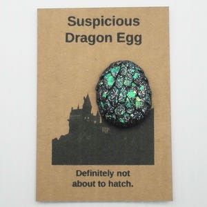 May include: A black and green dragon egg with glittery details is attached to a brown card. The card has the text "Suspicious Dragon Egg" and "Definitely not about to hatch." A castle silhouette is also printed on the card.