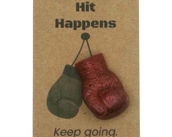 Boxing Glove Charm Card – Edgy Gift – Funny Motivation – Pocket Charm – “Hit Happens” – 3 for 15 Bundle – Twisted Trinkets
