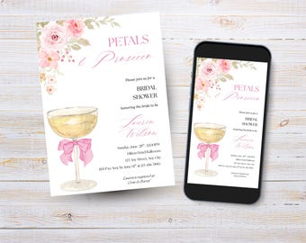 May include: A watercolor invitation for a bridal shower, featuring a champagne glass with a pink bow and floral accents. The invitation reads "Petals & Prosecco" and includes event details on a white background.