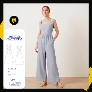 Peut inclure: Une femme porte une combinaison à rayures bleues et blanches avec un col carré et des jambes larges. La combinaison a des manches courtes et des poches. L'image comprend un motif numérique avec le texte "DIGITAL PATTERN" et une taille allant de XS à 5XL.
