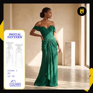 Peut inclure: Une robe longue vert émeraude à épaules dénudées avec un décolleté en cœur, un corsage froncé et un panneau avant drapé. L'image inclut une illustration de patron numérique montrant les vues avant et arrière avec le texte tailles 00 à 32.