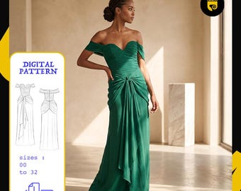 Off Shoulder Draped Gown Sewing Pattern | Sizes 00–32 | A4 | Instant Download | Sweetheart Ruched Maxi Gown Pdf