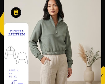 Half Zip Sweatshirt Pattern PDF / Sarasota Pullover / Cropped Quarter Zip Sweater / Women Fleece Hoodie Sewing Pattern / Sizes XS-XL