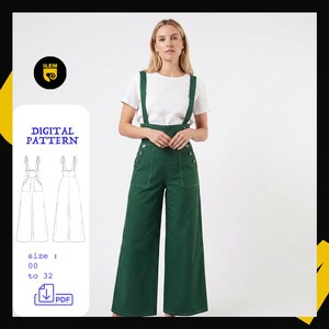 May include: A digital sewing pattern for high-waisted forest green dungarees with wide legs, featuring side button closures and front patch pockets. The pattern includes a technical line drawing, the text DIGITAL PATTERN, and size 00 to 32.