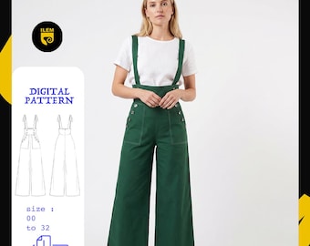 Suspender Pants Sewing Pattern PDF | High Waist Wide Leg Sailor Pants | Braces Panties Pattern Women | Instant Download Size 00-32