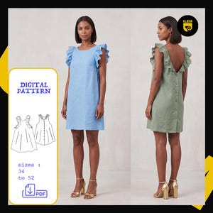May include: A digital sewing pattern for a sleeveless dress with ruffled eyelet trim. The pattern includes sizes 34 to 52 and is available as a PDF. The dress is shown in light blue and sage green, featuring a scoop neckline and a button-down back.