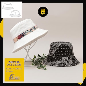 Peut inclure: Deux chapeaux de pêcheur sont présentés. L'un est blanc avec une bande à motifs, l'autre est noir avec un motif cachemire blanc. L'image comprend également un graphique de patron numérique avec le texte "DIGITAL PATTERN Kids & Adult Sizes" et une icône PDF.