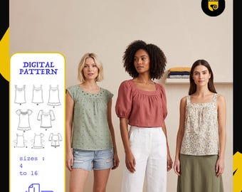 8 blouses van 1 patroon (PDF) | Naaipatroon voor een damescamisole in bohemienstijl | Zomerblouse voor dames | Printbaar op A4-formaat | Maten 4-16
