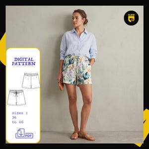 May include: A light blue button-down shirt and floral print shorts with an elastic drawstring waist. The image includes a digital pattern graphic with technical line drawings of the shorts, the text DIGITAL PATTERN, and sizes 36 to 46.
