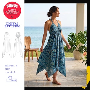 Peut inclure: Une robe dos nu bleue à motif cachemire, dotée d'un ourlet asymétrique et d'un dos ouvert. L'image contient le texte : BONUS SLEEVE BLOUSE FREE PATTERN, DIGITAL PATTERN, sizes : xxs to 4xl, et une icône de téléchargement PDF.
