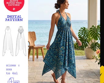 Handkerchief Dress Sewing Pattern PDF + FREE Sleeve Blouse Pattern | Halter Handkerchief Hem Maxi Dress | Sizes XXS–4XL
