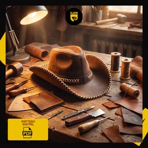 Könnte beinhalten: Ein brauner Leder-Cowboyhut mit genähter Krempe liegt auf einer Holzwerkbank. Verschiedene Lederwerkzeuge, Garnrollen und Lederreste umgeben den Hut. Der Text "PATTERN DIGITAL PDF" ist im Bild enthalten.