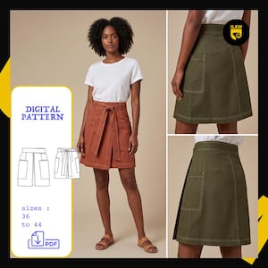 Women's Wrap Skirt Sewing Pattern PDF | A-Line Tie Waist Skirt with Patch Pockets | Mini Wrap Skirt | A4 Printable | Sizes 36-44