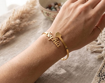 Personalized Name Cuff Bracelet, Custom Double Name Gold Bracelet, Stainless Steel Gift