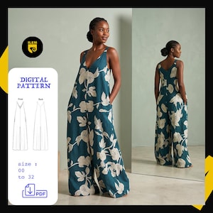 May include: A teal jumpsuit with a floral pattern, featuring a V-neck and wide legs. The digital pattern includes front and back views, with sizes ranging from 00 to 32. The image also shows a woman wearing the jumpsuit, with a mirror reflection.