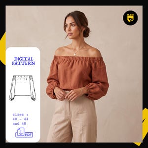 May include: A rust-colored off-the-shoulder blouse with long, gathered sleeves and a straight neckline. The image includes a digital pattern illustration, the text "DIGITAL PATTERN", "sizes : 40 - 44 and 48", and a PDF download icon.