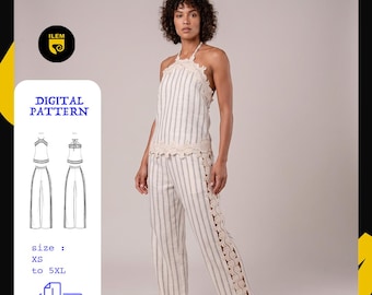 Two Piece Set Sewing Pattern PDF | Halter Crop Top Wide Leg Pants | Lace Trim Co-ord Set Pattern Women | Instant Download XS-5XL