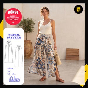 Wide Leg Beach Pants Sewing Pattern PDF | Wrap Leg Palazzo Pants | Tie Waist Split Leg Pants Women | Instant Download XS-5XL