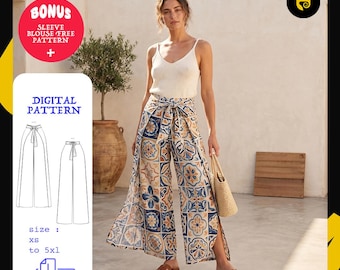 Wide Leg Beach Pants Sewing Pattern PDF | Wrap Leg Palazzo Pants | Tie Waist Split Leg Pants Women | Instant Download XS-5XL