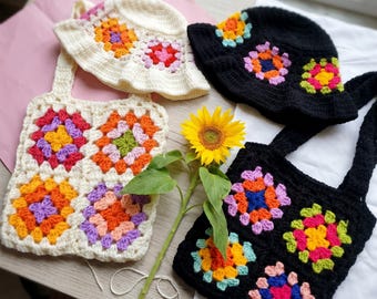 Granny Square Tote Bag Crochet Pattern, Boho Crochet Shoulder Bag PDF, Retro Market Bag Pattern, Colorful Flower Bag Crochet Tutorial