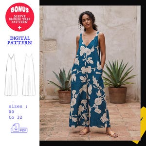 Puede incluir: Un mono sin mangas de color verde azulado con un estampado floral crema, escote en V y pantalones de pierna ancha. La imagen incluye el texto BONUS SLEEVE BLOUSE FREE PATTERN, DIGITAL PATTERN y las tallas 00 a 32, junto a un dibujo lineal.
