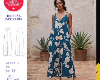Palazzo Jumpsuit Sewing Pattern PDF + FREE Sleeve Blouse Pattern | Women's Wide Leg Jumpsuit | Sizes 00–32 | A4 Instant Download