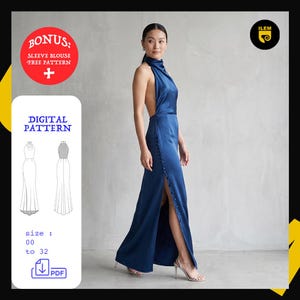Peut inclure: Une robe longue en satin bleu marine avec un col haut, un dos nu et une fente latérale ornée d'une rangée verticale de boutons en tissu assortis. L'image contient du texte pour un patron numérique, taille 00 à 32, et un patron bonus.