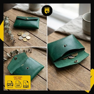 May include: A dark green leather wallet with a snap closure, shown closed and open, revealing coins inside. The wallet is on a wooden surface. The image also includes a digital pattern graphic with PDF, DXF, and EPS icons.