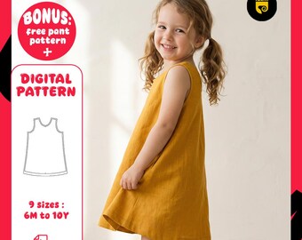 Kids Linen Dress Sewing Pattern for Girls | Sizes 6M–10Y | A4 and A0 | Instant Download | Toddler A-Line Dress Pattern