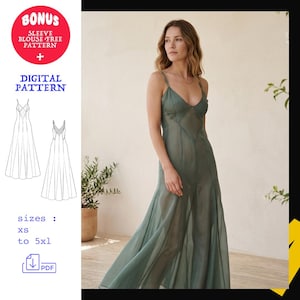 Peut inclure: Une robe longue vert sauge à fines bretelles et décolleté en V. L'image comprend une illustration de patron numérique, le texte BONUS SLEEVE BLOUSE FREE PATTERN, DIGITAL PATTERN, les tailles xs à 5xl et une icône de téléchargement PDF.