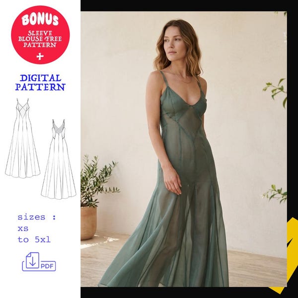 Sheer Maxi Dress Sewing Pattern PDF | Sizes XS–5XL | A4 | Instant Download | Women's Sheer Overlay Evening Dress Pattern