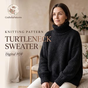 Peut inclure: Un patron de tricot numérique en PDF pour un pull à col roulé noir par CraftellaPatterns. L'image montre une personne portant un pull noir en tricot épais à manches longues avec un col roulé côtelé et des poignets côtelés.