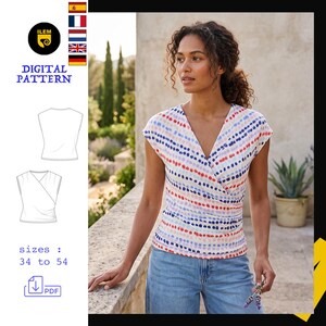 Peut inclure: Un patron de couture numérique pour un haut cache-cœur sans manches avec un col en V et un motif à pois multicolores. Le patron comprend des dessins techniques du devant et du dos, avec des tailles disponibles de 34 à 54 au format PDF.