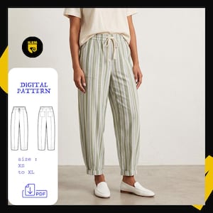 May include: A pair of loose-fitting trousers featuring vertical stripes in shades of sage green, white, and blue. The pants have an elastic waistband with a drawstring tie, cuffed hems, and side pockets. The image includes text: DIGITAL PATTERN, size: XS to XL, and a PDF icon.