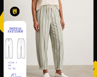 Barrel Leg Pants Sewing Pattern Pdf | Sizes Xs–Xl | Instant Download | Drawstring Tapered Pants Pattern