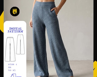 Knit Wide Leg Pants Sewing Pattern PDF | High Waist Palazzo Lounge Pants | Knit Trousers Pattern Women | Instant Download XS-XL