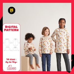 May include: A digital sewing pattern for a long-sleeved blouse with a ruffled collar, featuring a cream-colored fabric with a multi-colored abstract print. The pattern includes 10 sizes ranging from 2y to 15y, presented as a downloadable PDF file.