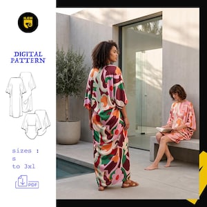 May include: A digital sewing pattern for a kaftan dress, featuring a long version with a bold, multi-colored floral print in shades of burgundy, green, and orange, and a shorter version in a lighter pink palette. Includes text: DIGITAL PATTERN.